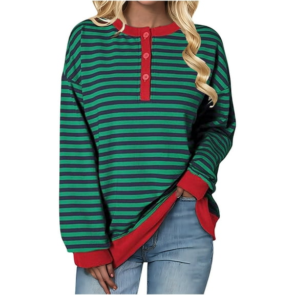Drses Long Sleeve Womens Tops Ladies' Fashionable Loose Casual Striped Color Blocked Round Neck Button Up Long Sleeved Shirt Women's sweatshirts