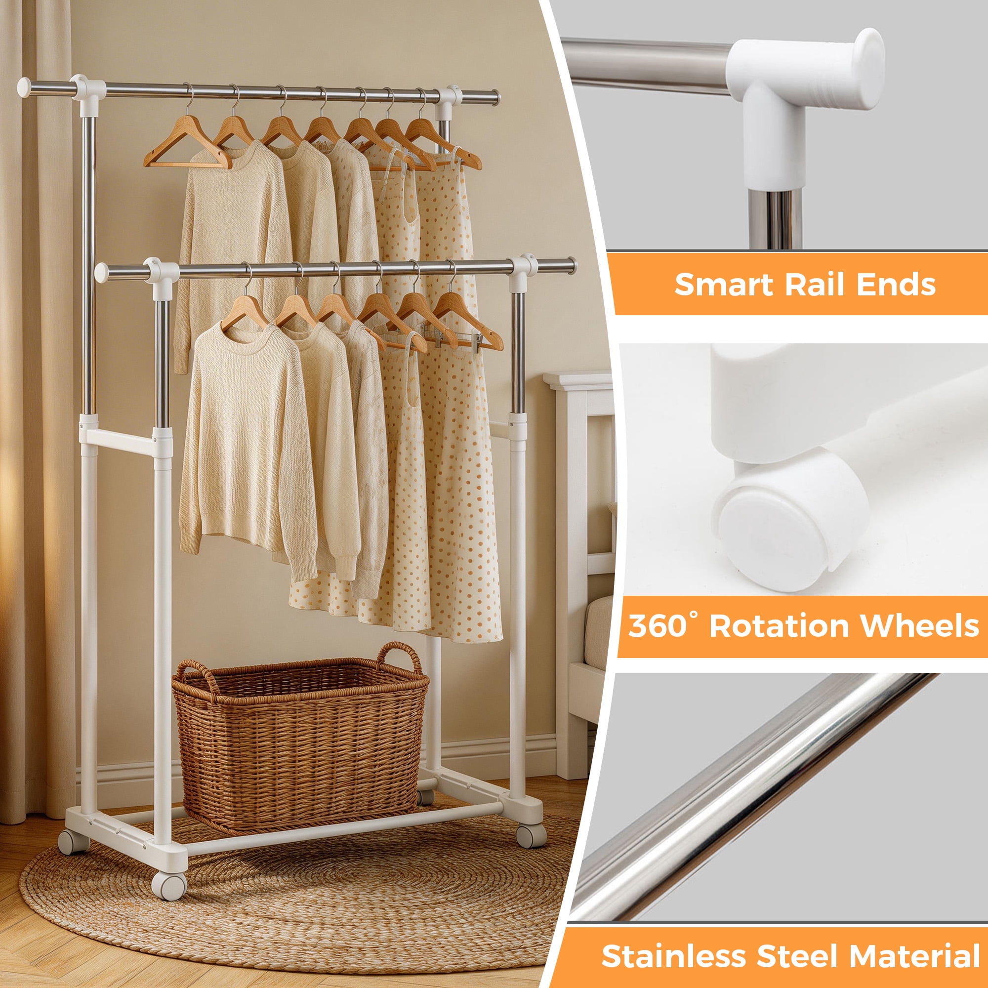 GARITIN Clothes Rack, Double Rods Rolling Clothing Rack, Portable Garment Rack with Wheels, Adjustable Height & Width, for Bedroom Laundry Room, White