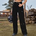 thumbnail image 6 of Elastic Waist Jeans for Women High Waist Stretch Cargo Pants Women Baggy Multiple Pockets Relaxed Fitting Straight Wide Leg Pants S-54 Black L, 6 of 6