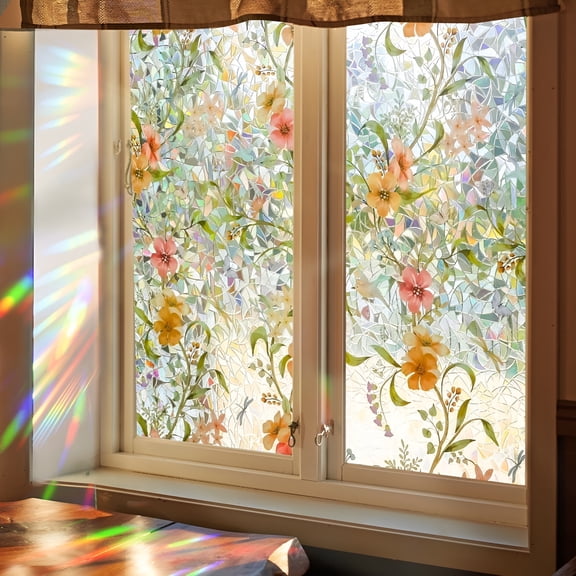 SELIVO Window Privacy Film Stained Glass,Window Film Privacy Decorative,Rainbow Window Clings Non-Adhesive Reusable Decorative for Room Glass Window Film (Flower,17.5 X 78.7 In)