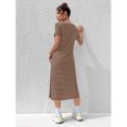 thumbnail image 2 of Coffee Brown Striped Knit Short Sleeve Midi Dress With Side Slit Casual Summer Style, 2 of 5