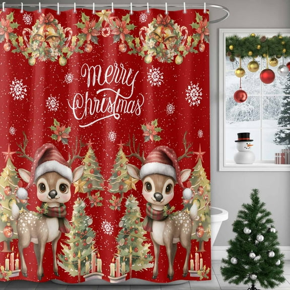 Merry Christmas Shower Curtains for Bathroom, Deer Xmas Tree Poinsettia Bells Snow Red Waterproof Fabric Shower Curtain for Bathroom Bathtub Decoration, Machine Washable, 72"x84"
