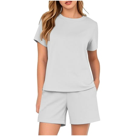 Wyobmus 2 Piece Sets for Women Going Out Causal Outfits Crew Neck Lounge Set Solid Color Short Sleeve Loungewear Shorts Trackwuits White