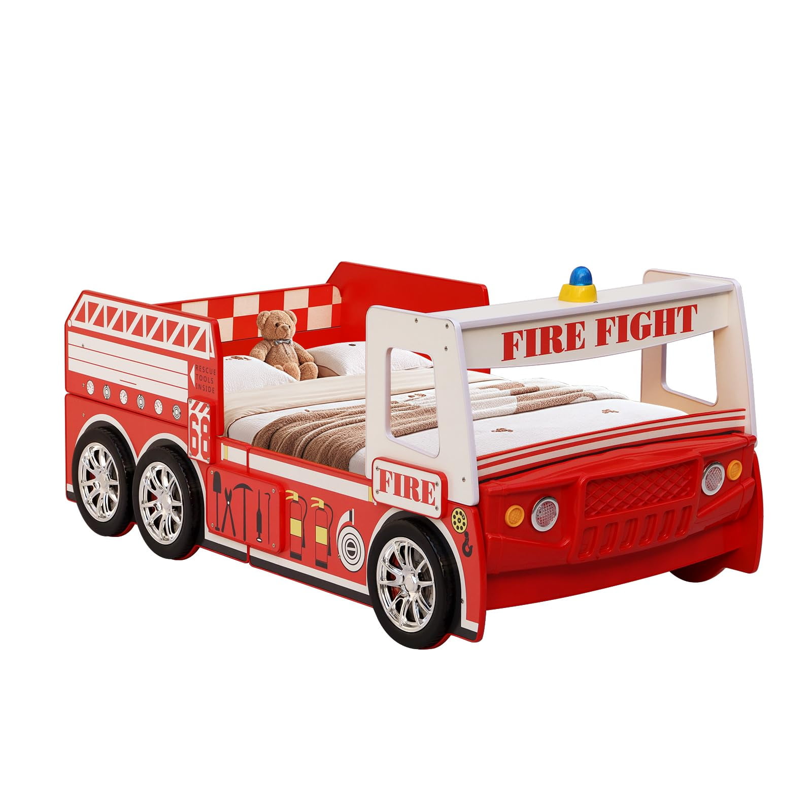 Twin Size Fire Truck Bed for Kids - Red Wooden Platform Frame with LED Lights, Wheels & Slat Support ,No Box Spring Needed