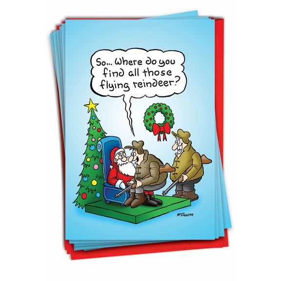 12 Funny Christmas Cards Pack (1 Design, 12 Cards) - Hunter Flying Reindeer