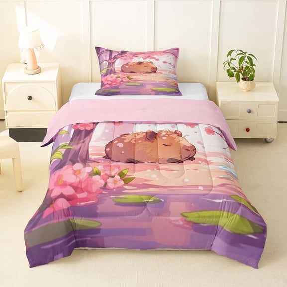 Manfei Cute Capybara Twin Comforter Sets,Lovely Flowers Bedding Set,Purple Pink,Pink Reversible,2-Piece,1 Comforter and 1 Pillowcase
