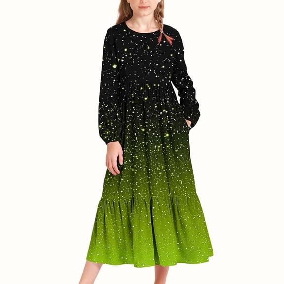 CYRBOKO Girls Long Sleeve Dresses, Gradient Gift A-line Casual Dresses for Girls Mint Green Size 4-5T
