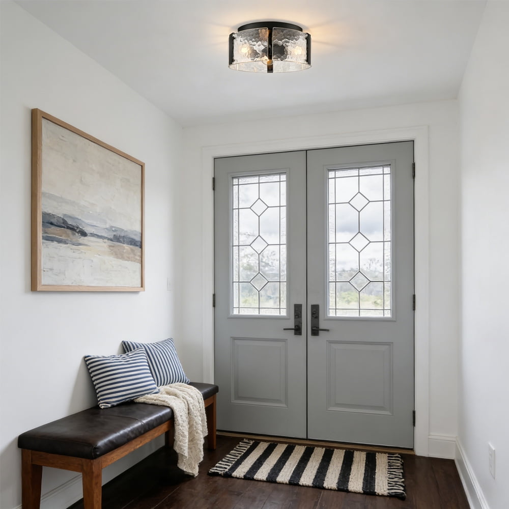 Farmhouse Ceiling Light Fixture 3-Light Black Ceiling Light with Textured Glass Drum Shade