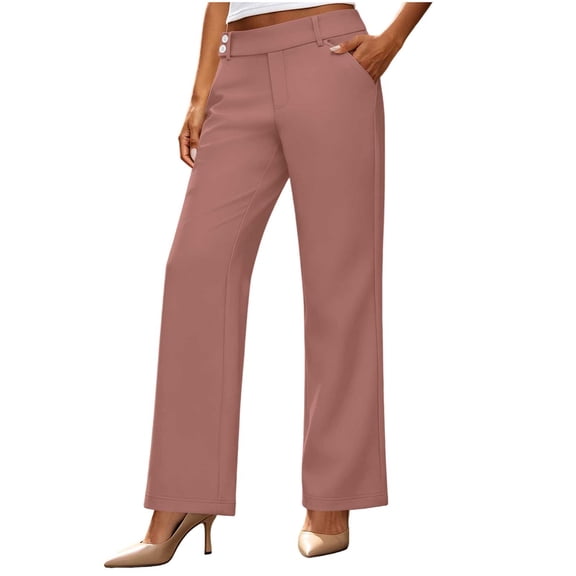 Women Straight Leg Dress Work Pants, Double Button Waist Closure, Slant Side Pockets, Mid Rise Stretch Business Casual Trousers Office Wear Bottoms Rose Gold,XL