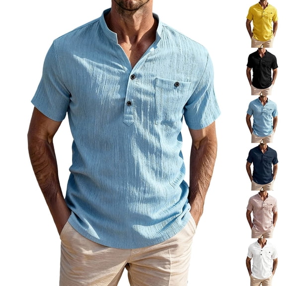 Men's Casual Button Up Shirt Polyester Blend | Short Sleeve Stand Collar With Breathable Fabric Beach Shirt | Sun Protection Vacation Tops Comfortable Daily | Zenithor,Black L