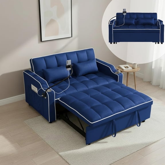 Convertible Sofa Bed, 3 in 1 Futon Sofa Bed with USB Charging Ports, Cup Holder, Phone Stand & Pocket, Modern Upholstered Sleeper Sofa for Living Room, Apartment or Small Space (Blue-L)