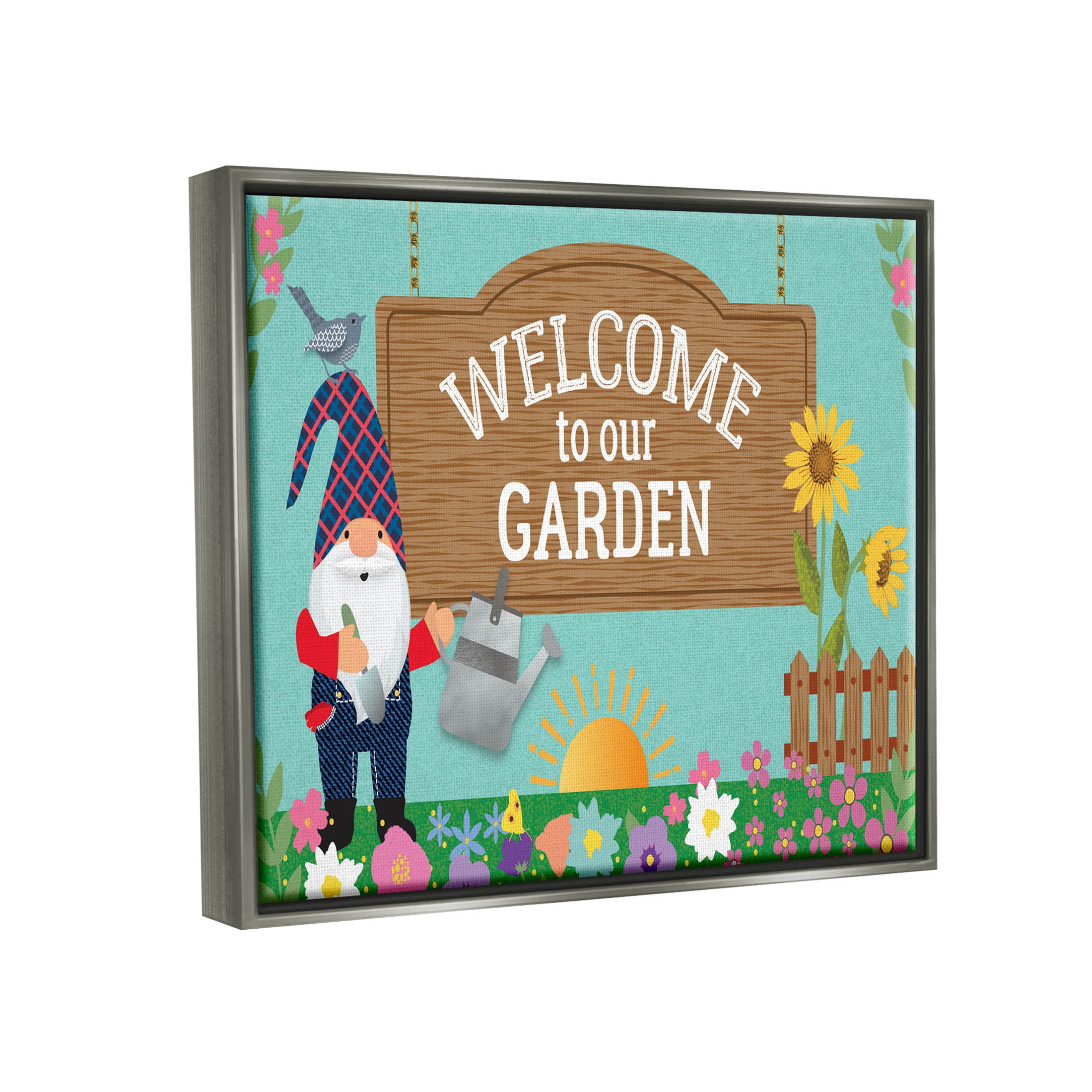 Welcome To Our Garden Gnome Fairy Tales & Fantasy Graphic Art Luster Gray Framed Art Print Wall Art