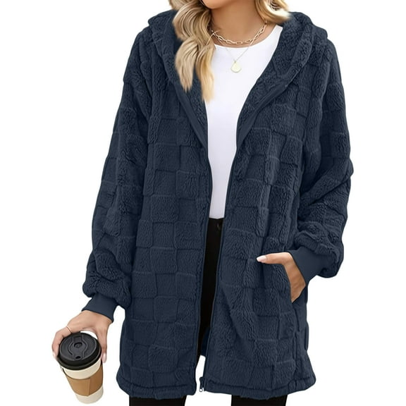 CharmCyan Women's Fashionable Casual Warm Thick Checkered Plush Mid-length Elegant Button And Zipper Cardigan Coat Navy 2XL