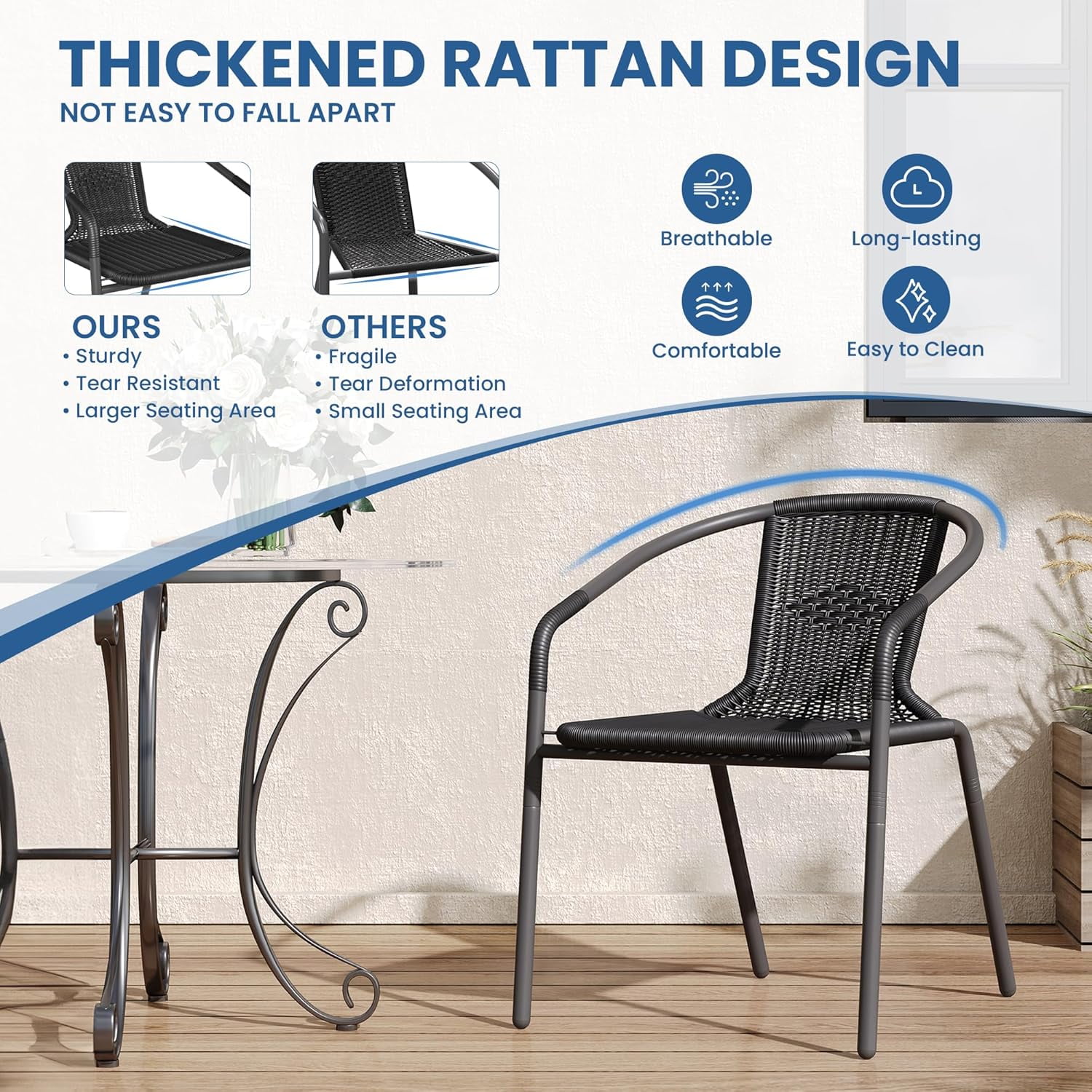 UDPATIO Rattan Patio Dining Chairs Set of 4, Wicker Stackable Outdoor Chairs, for Indoor Bistro Restaurant Porch Deck, Black