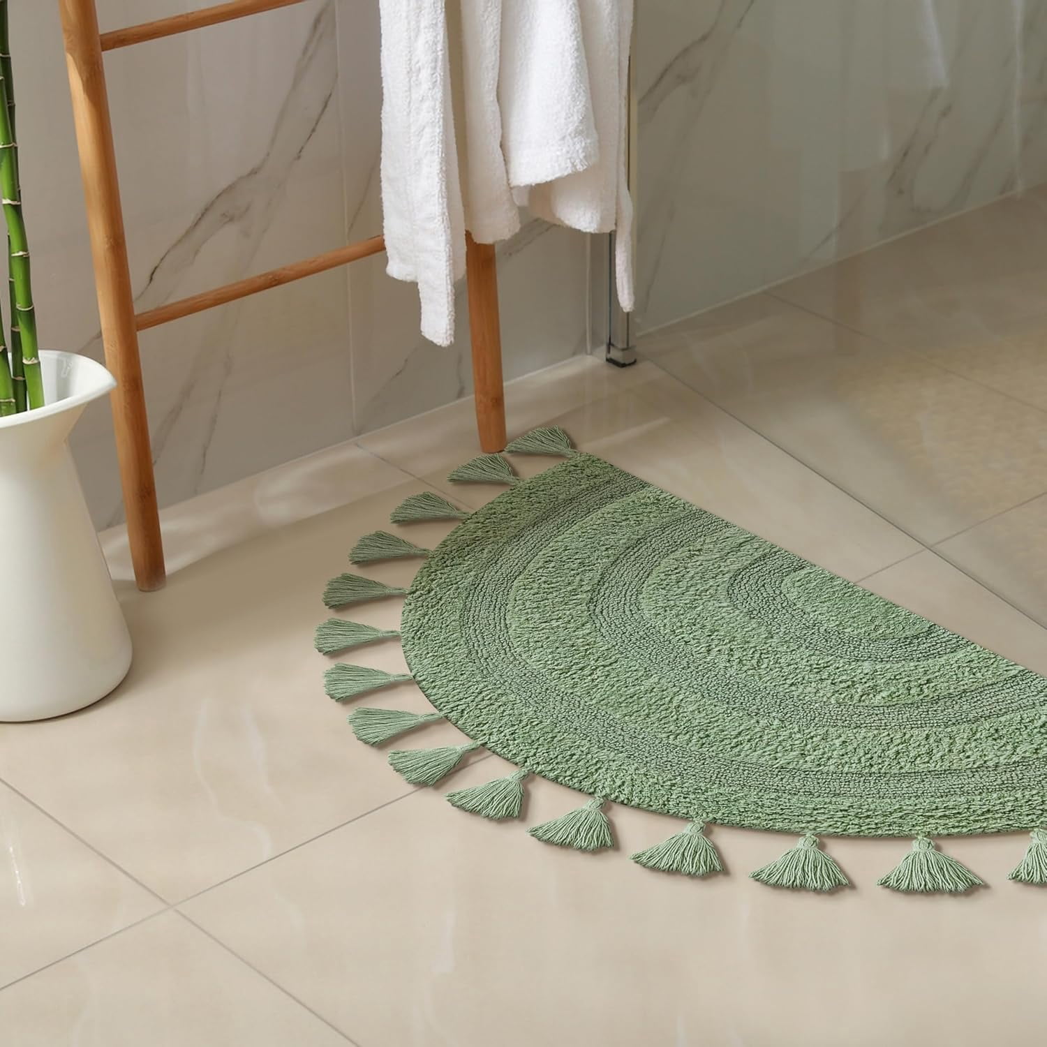 Savi Home Cotton Boho Half Circle Bath Mat, Sage Green, 22" x 36"