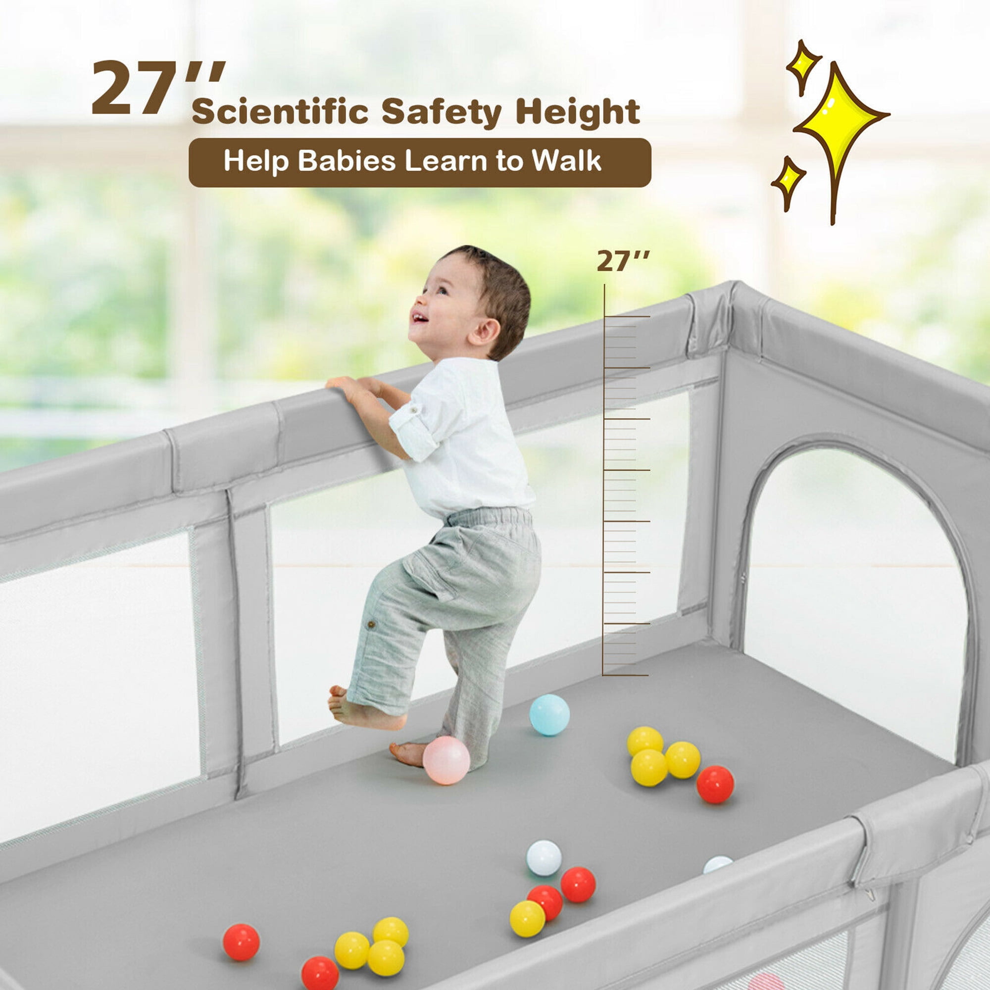 Gymax Extra-Large Safety Baby Fence Baby Playpen with 50 Ocean Balls Gray