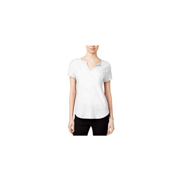 maison Jules Camiseta básica con cuello dividido para mujer, blanca, grande maison Jules Camiseta básica