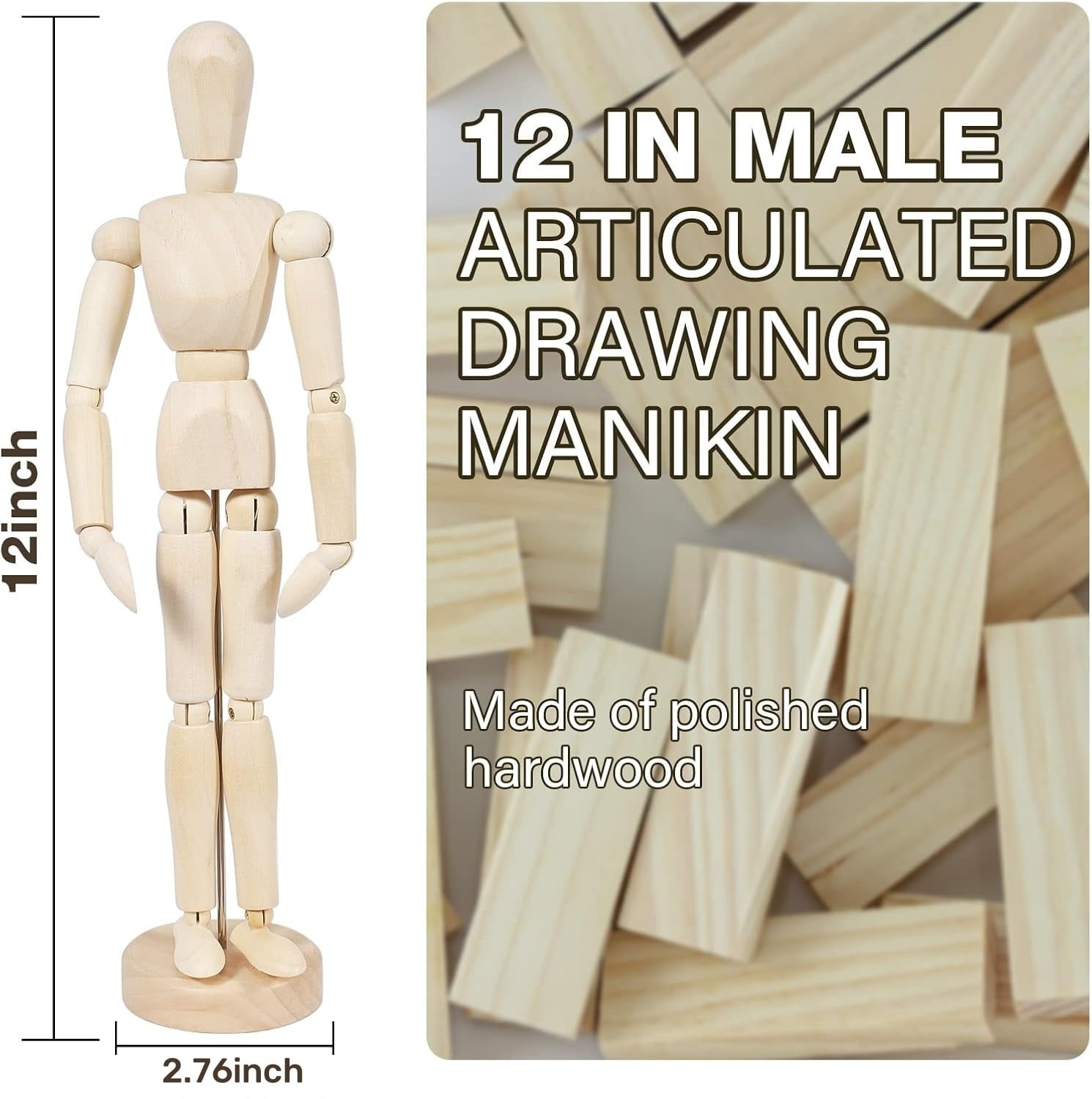LQQBOX 2Pcs 12" Wood Poseable Mannequin, Artists Wooden Manikin Jointed Mannequin Art Figure Drawing Model Articulated Wood Human Model with Base Flexible Body Home Decoration Drawing Human Figure