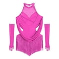 thumbnail image 5 of iixpin Girls Sleeveless Mesh Drapes Tassels Bodysuit for Samba Rumba Latin Rhinestones Dance Dress with Gloves Hot Pink 12, 5 of 6
