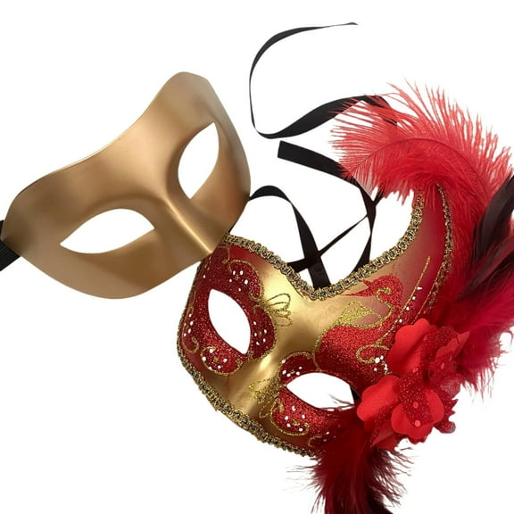 Couple Masquerade Feather Mask Pair Feather Dress up Birthday Party Prom Wedding Dance Anniversary Wear (Red Gold)