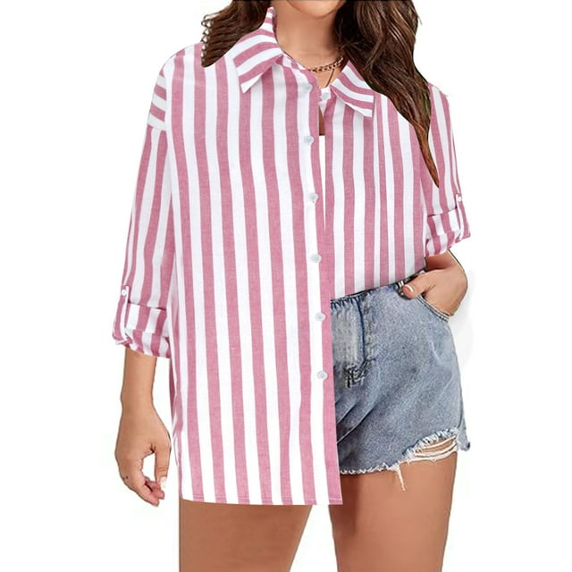 Hauts Grande Taille pour Femmes Mode Décontractée Couleur Unie Imprimé Col en V Col Rond Manches Longues Chemise Ample à Rayures Boutonnée Chemise Régulière Décontractée avec Manches Ajustables