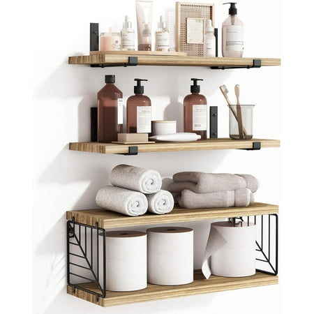 Fixwal 3+1 Tier Bathroom Floating Shelves Over Toilet, 15.8in Farmhouse Rustic Wood Shelves, Wall Decor for Bathroom, Living Room,Bedroom and Kitchen (Rustic Brown)