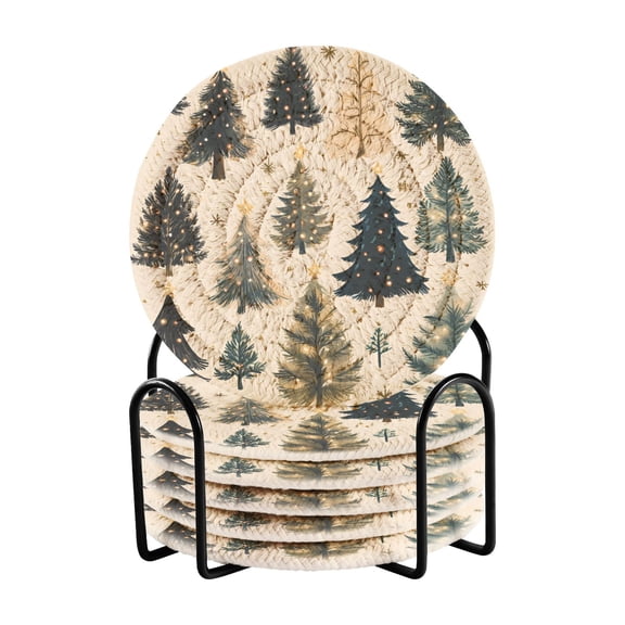 Yayeee 6 PCS Drink Coasters with Holder Set Woven Absorbent Round Tabletop Hot Pad, Beige Christmas Trees