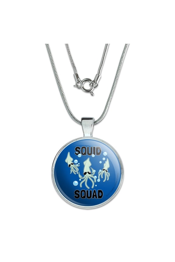 Squid Squad Ocean Aquatic Funny Humor 1" Pendant with Sterling Silver Plated Chain