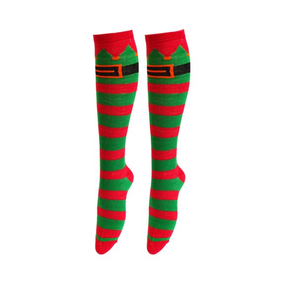 GobdXE Unisex Knee High Socks Christmas Elf Stripe Graphic Print Soft Knit Holiday Costume Party Wear Size:One Size