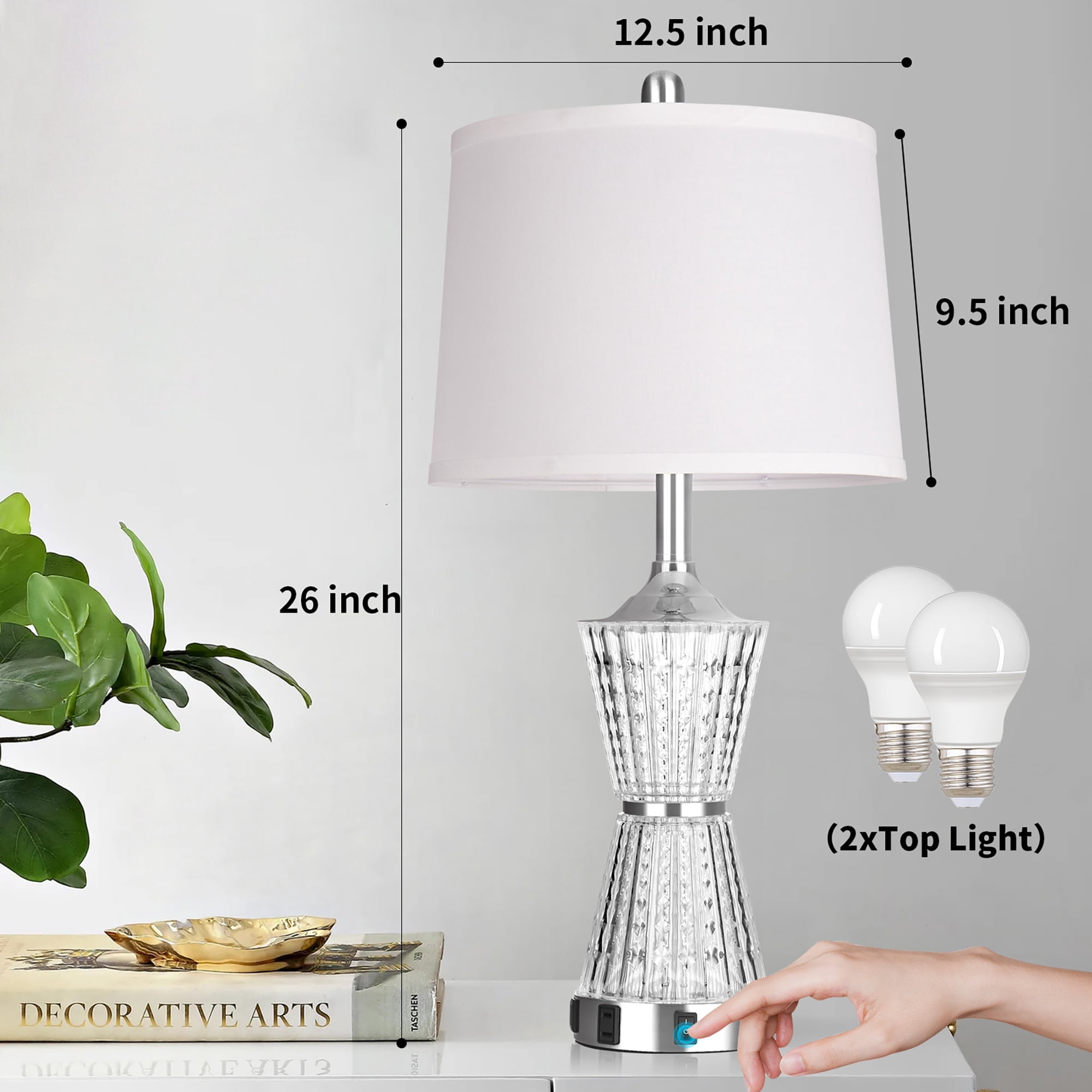 Cinkeda Acrylic Table Lamps Set of 2 with Night Light USB Ports AC Outlet Modern Nightstand Lamp for Living Room Bedroom(2 Bulbs)