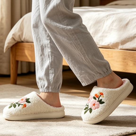Women's Floral Embroidered Slippers Fuzzy Warm Comfy Indoor/Outdoor Non Slip Fashion Shoes White 7
