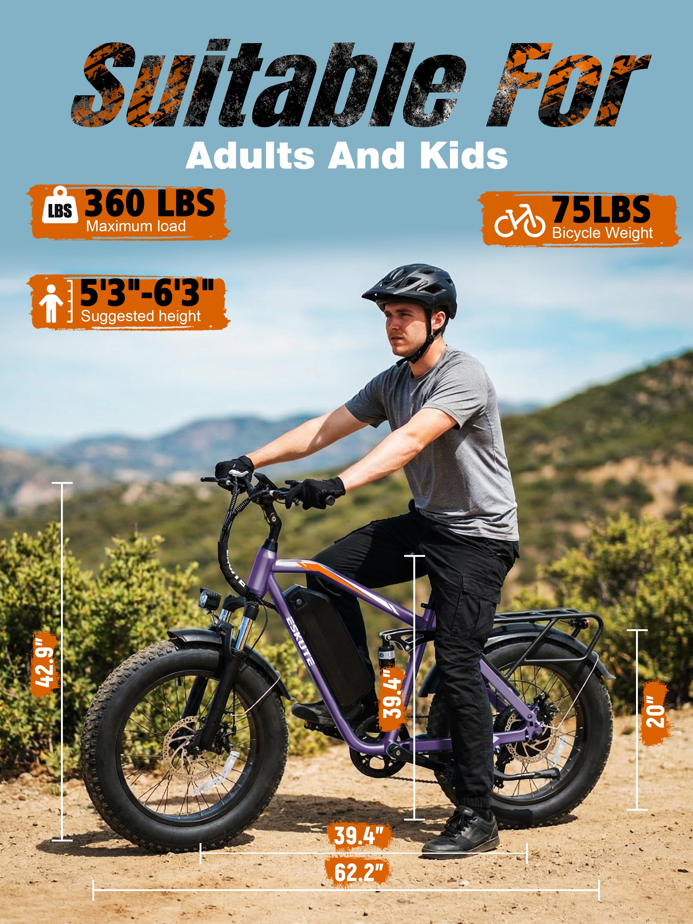 ESKUTE M300F Full Suspension Electric Bike, 20" Fat Tire Ebike, 48V 20.8Ah Removable Battery, 1200W Peak Motor, 7-Speed, Up to 80 Miles, Purple with Phonebag & Lock, UL2849