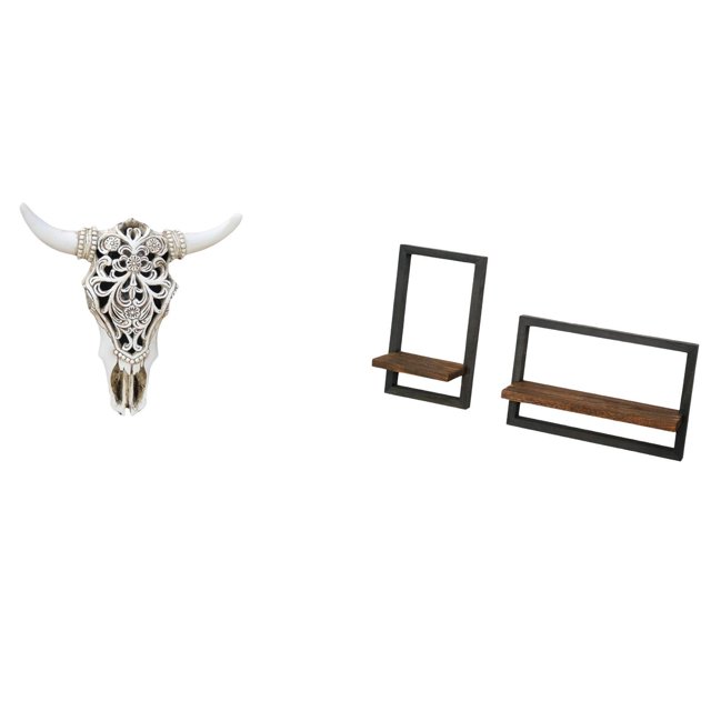 Arte de pared con cabeza de toro tribal y estantes de madera rústica para oficina, dormitorio, cocina, comedor, almacenamiento y decoración.