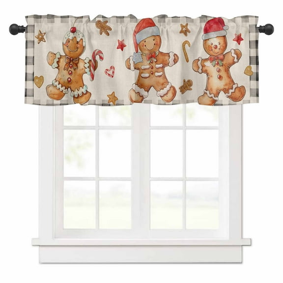Christmas Vintage Valances for Windows Gingerbread Man Buffalo Plaid Rod Pocket Curtain Valance Window Treatment Short Curtains for Kitchen Living Room, 42"x18"