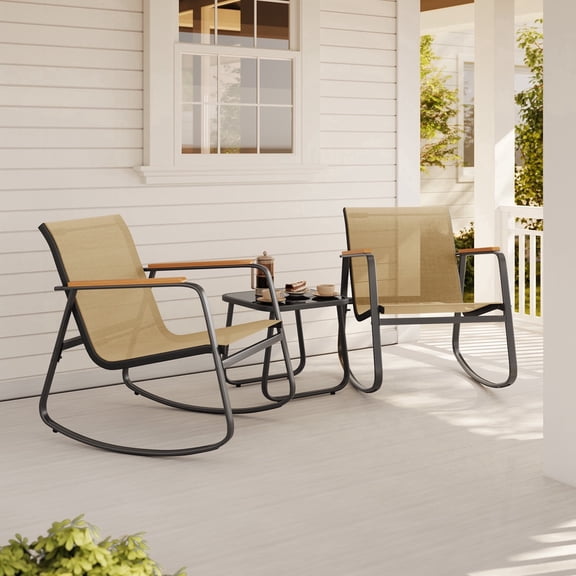Noelse 3 Piece Outdoor Rocking Bistro Set, Textilene Fabric Patio Furniture Set with Heat-Resistant Armrests and Coffee Table for Lawn, Balcony, Brown