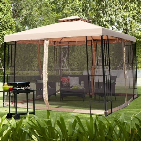 Gymax 10x10ft Metal Gazebo W/ Mosquito Netting Canopy Gazebo 2 Tier Vented Gazebo Top