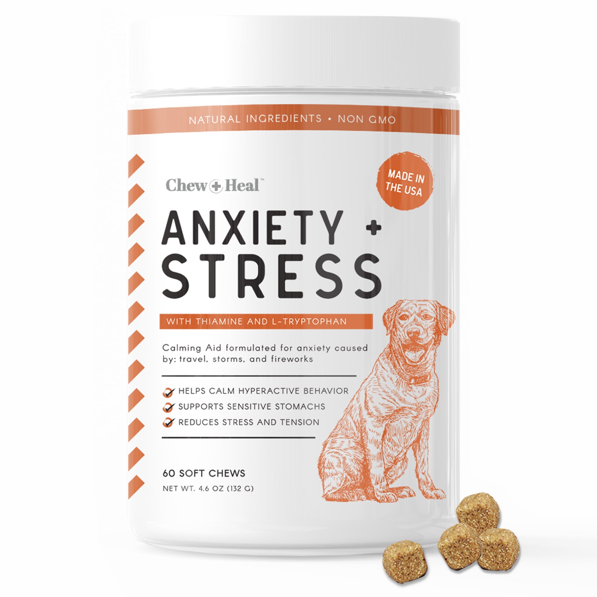 Chew + Heal Dog Calming Treats 60 Soft Chews, Anxiety Supplement