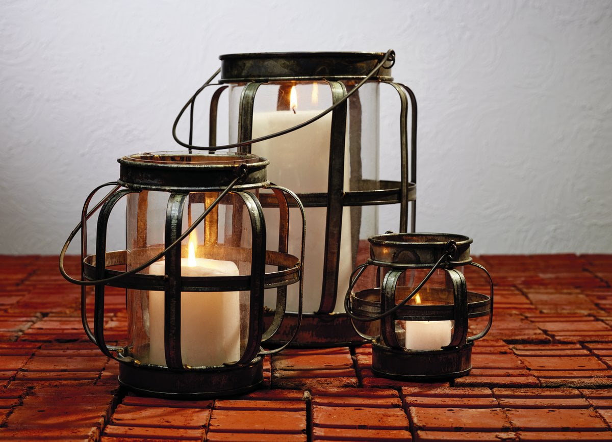 Large Galvanized Metal & Glass Lantern Candle Holder