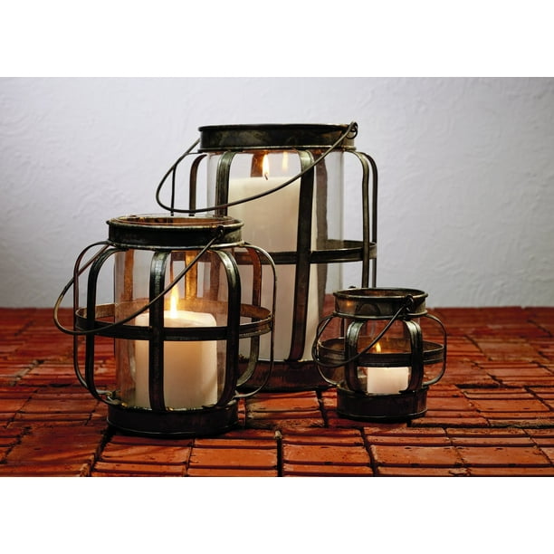 Large Galvanized Metal & Glass Lantern Candle Holder