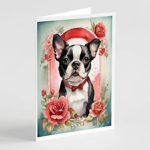Boston Terrier Valentine Roses Greeting Cards Pack of 8 7 in x 5 in