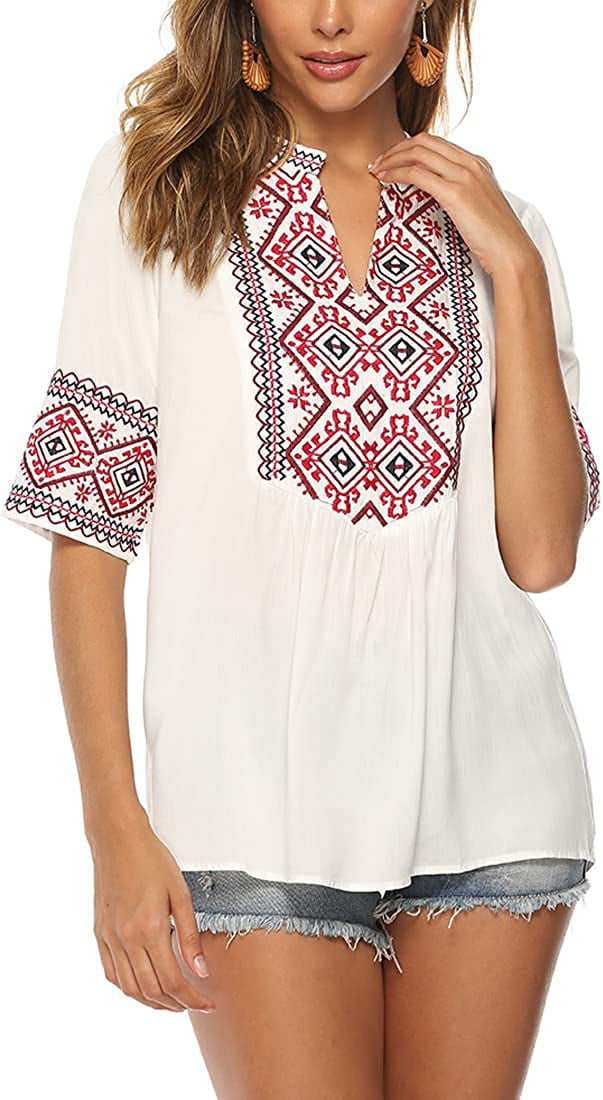 JWZUY Daily Deals Summer Tank Tops for Women Casual V Neck Sleeveless  Embroidered Mexican Peasant Tee Shirts Blouses with Tassel Trim Hem Beige  at  Women's Clothing store