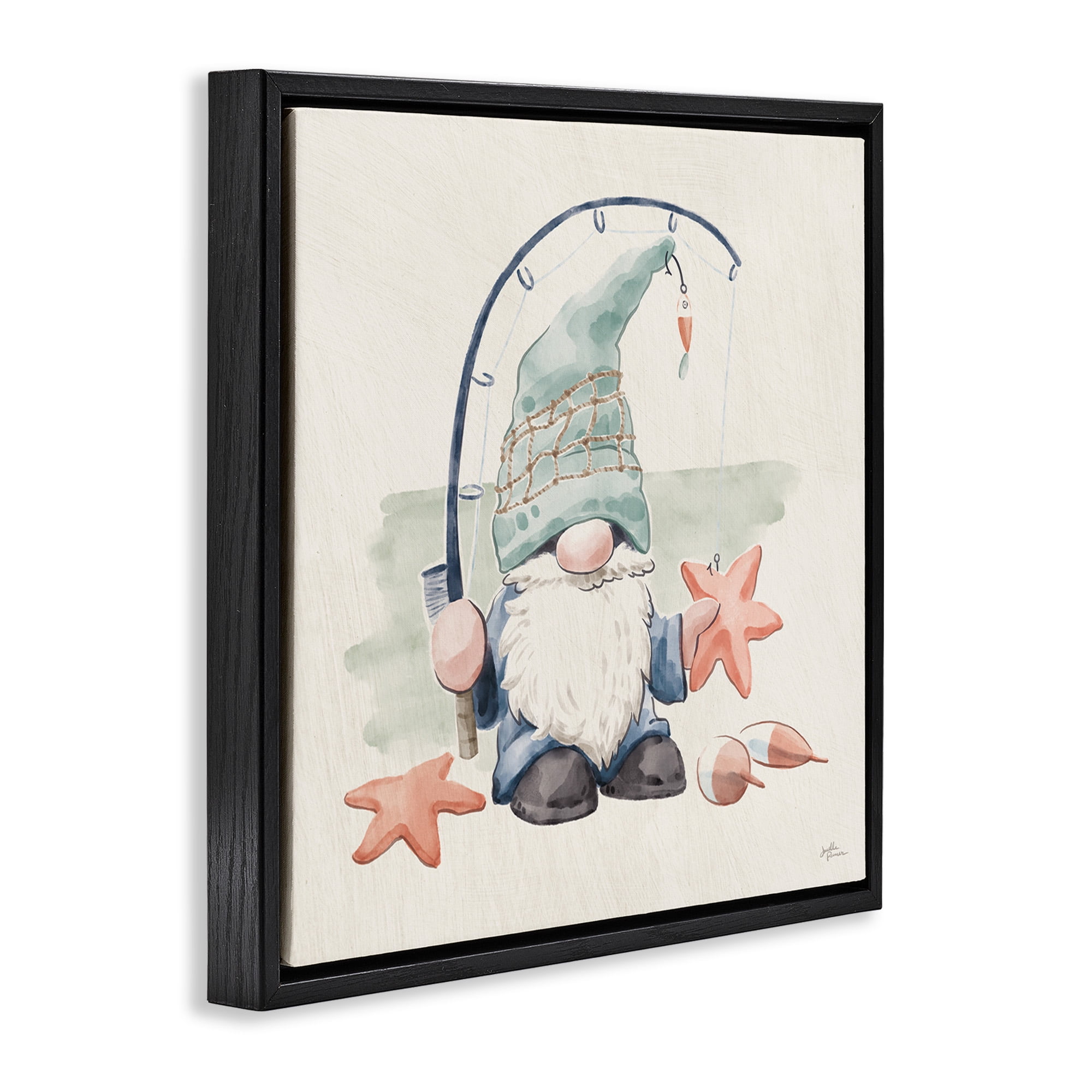 Stupell Industries Summer Beach Fishing Gnome Nature Painting Black Floater Framed Canvas Art Print Wall Art, 25 x 25
