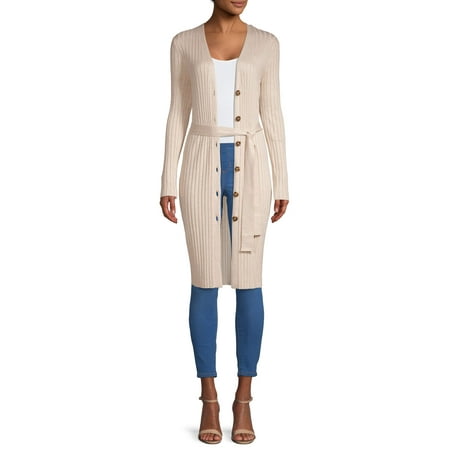 - Women's Long Sleeve Button Front Rib Cardigan with Belt