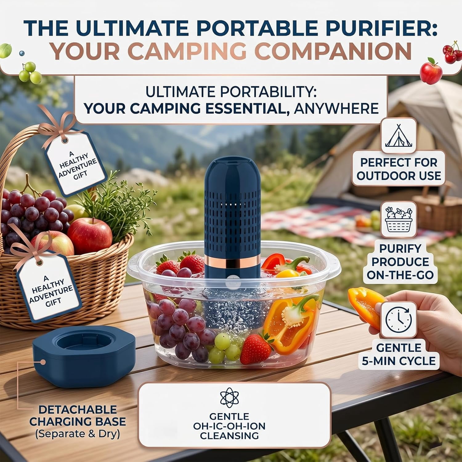 Purepod Produce Cleaner - Portable Fruit and Vegetable Washing Machine, OH-ion Food Purifier for Deep Cleaning Surface Residues, IPX7 Waterproof Cordless Device for Berries & Meat