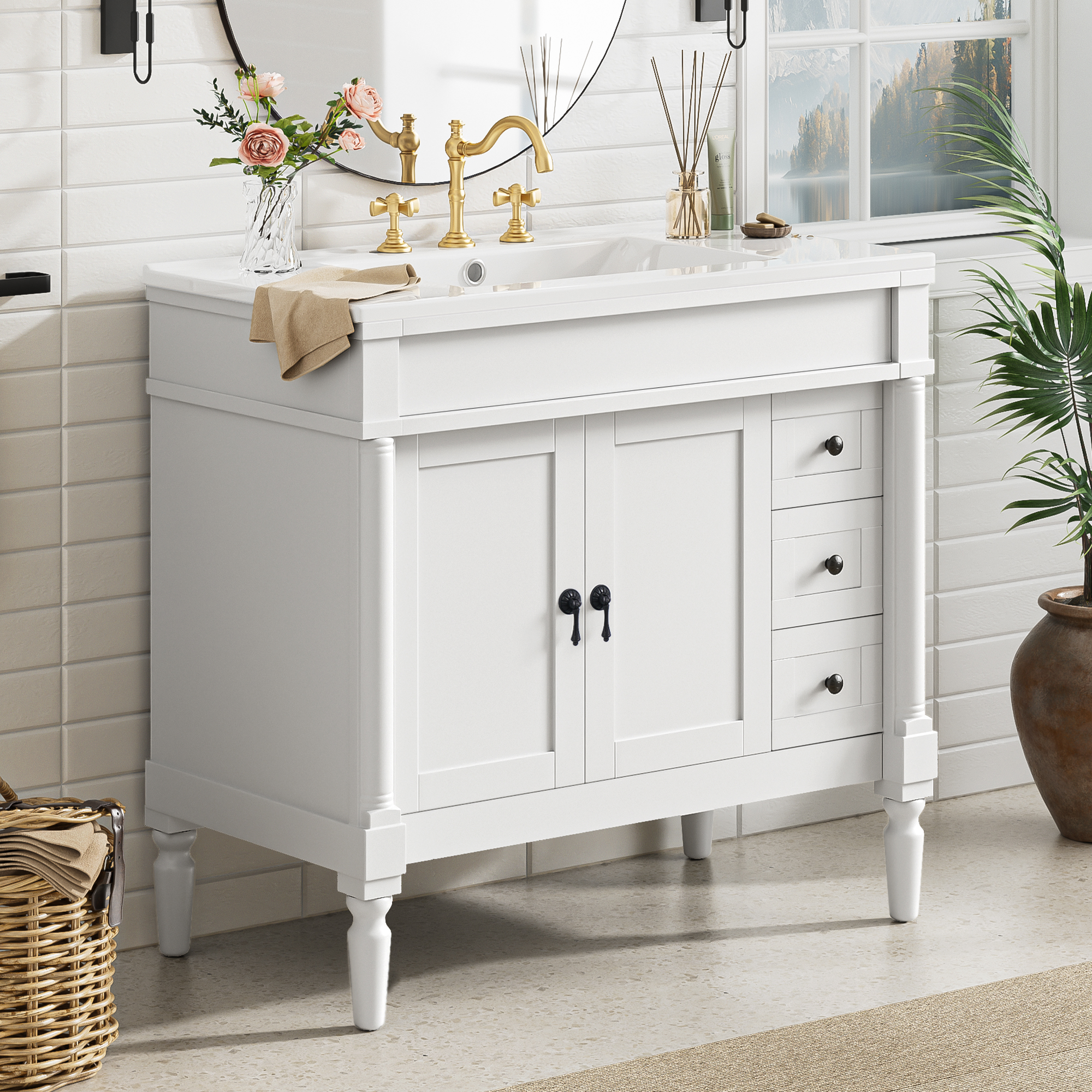 Euroco 36" Bathroom Vanity with Ceramic Sink, Standard Drawers, Soft Close Doors, Adjustable Shelves, Modern Storage Cabinet for Small and Medium Bathrooms