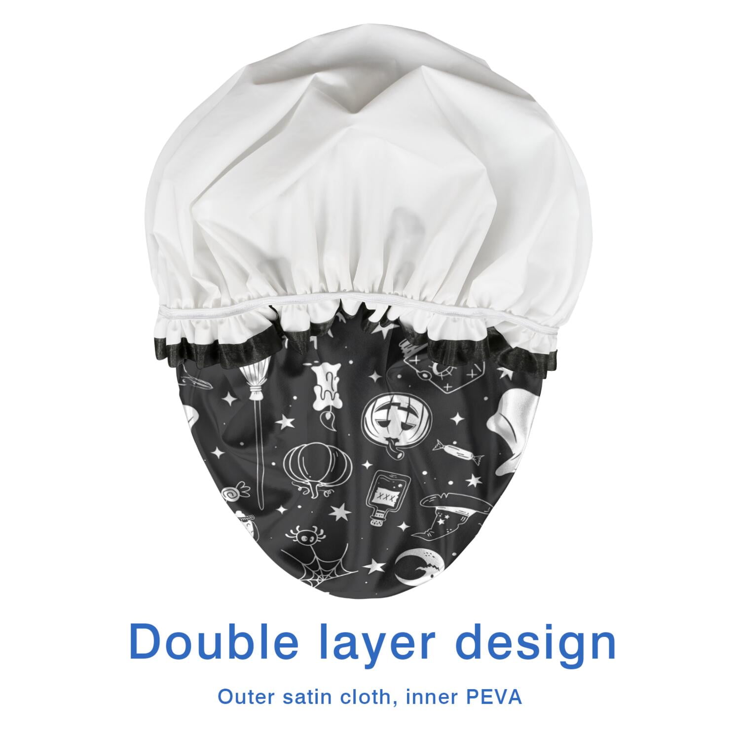 Shower Caps,Black and White Halloween Elements Pattern Waterproof Shower Cap for Women 4 Pieces,Double Reusable Hair Cover for Shower PEVA Elastic Stretch Hem