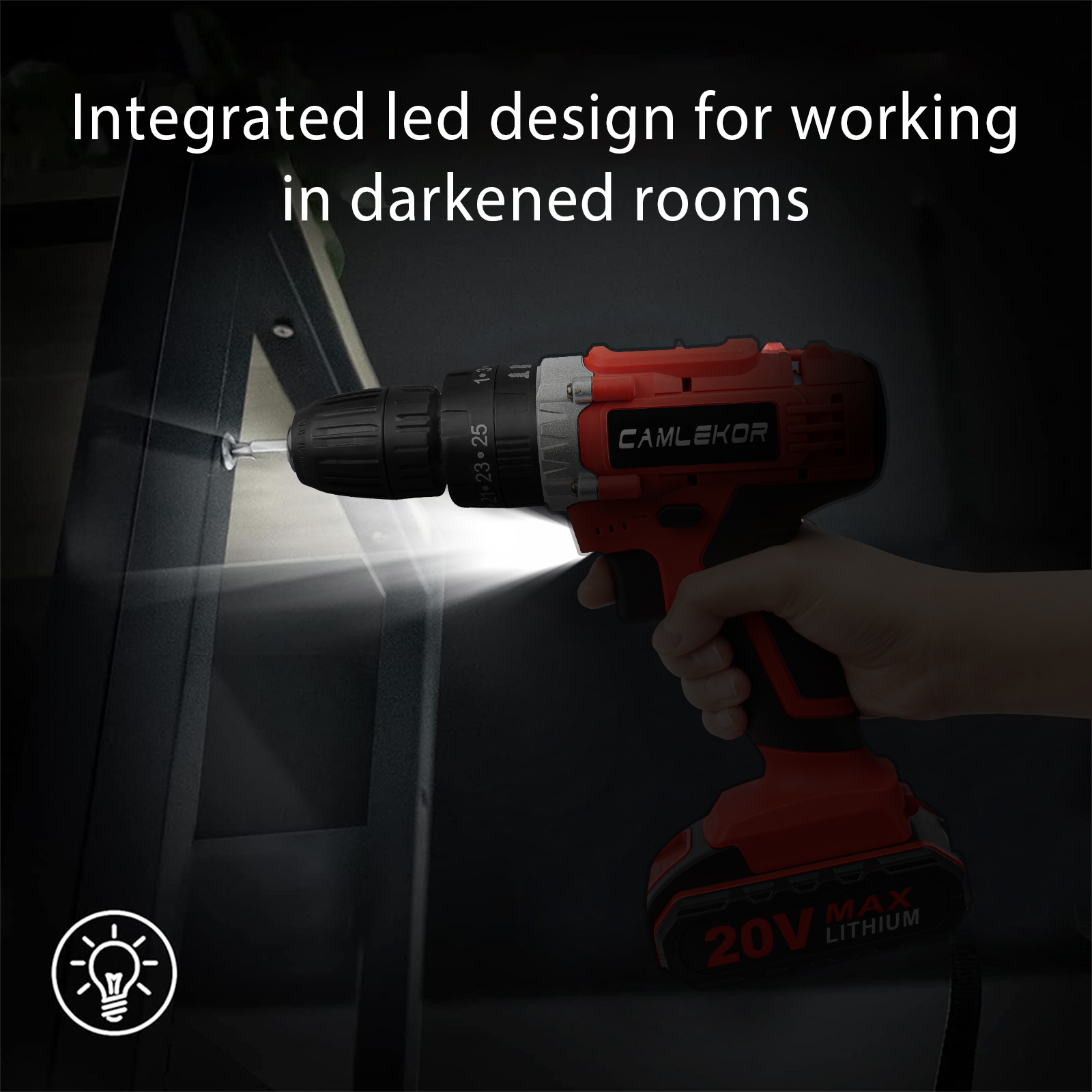 Camlekor Cordless Drill 20V, Electric Power Drill Set 3/8'' Impact Drill, 2 Variable Speeds & 25+3 Position Setting with LED Work Light - image 2 of 8