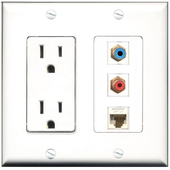 RiteAV - 15 Amp Power Outlet 1 Port RCA Red 1 Port RCA Blue 1 Port Cat6 Ethernet Ethernet White Decorative Wall Plate