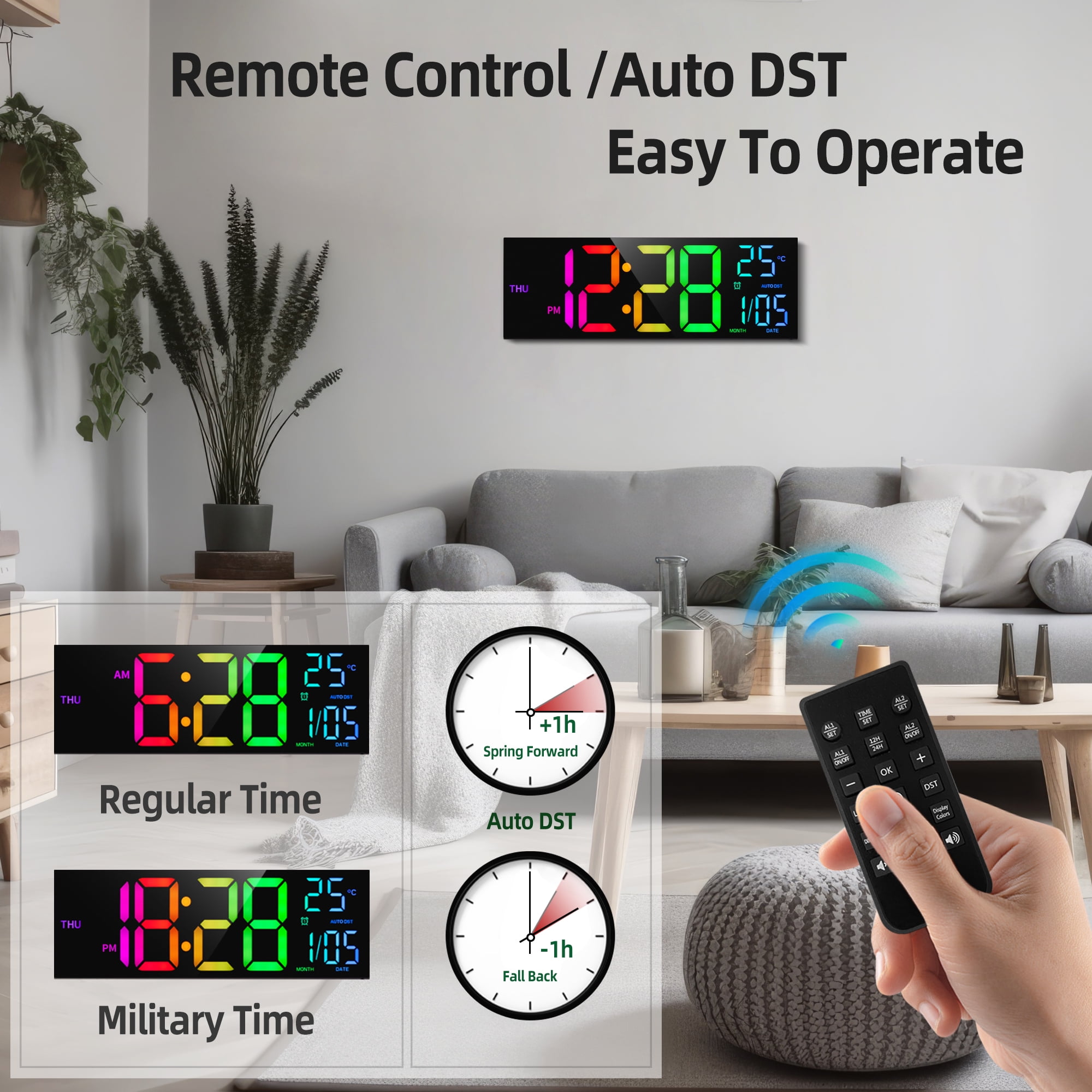 LEIKE 16.2" Large Digital Wall Clock with 8 Colors, 5-Level Brightness Adjustment, Battery Operated, Temperature Display, Big Numbers for Bedroom Office Living Room