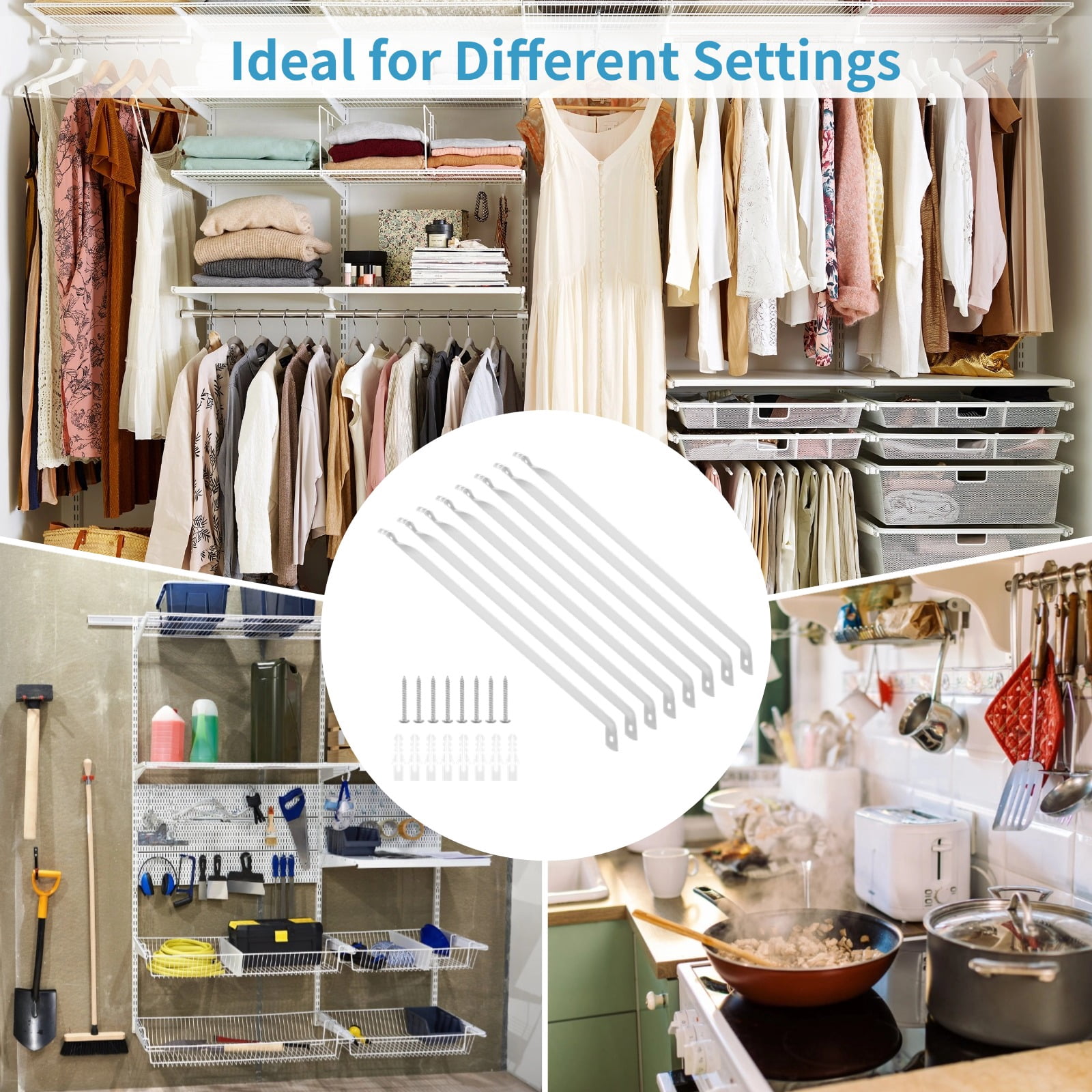 8 Pcs Wire Shelving Support Brackets, 12" Metal Wire Shelf Brackets, Heavy-Duty Mounting Brackets with Screws, White Epoxy-Coated Closet Shelving Accessories for RVs